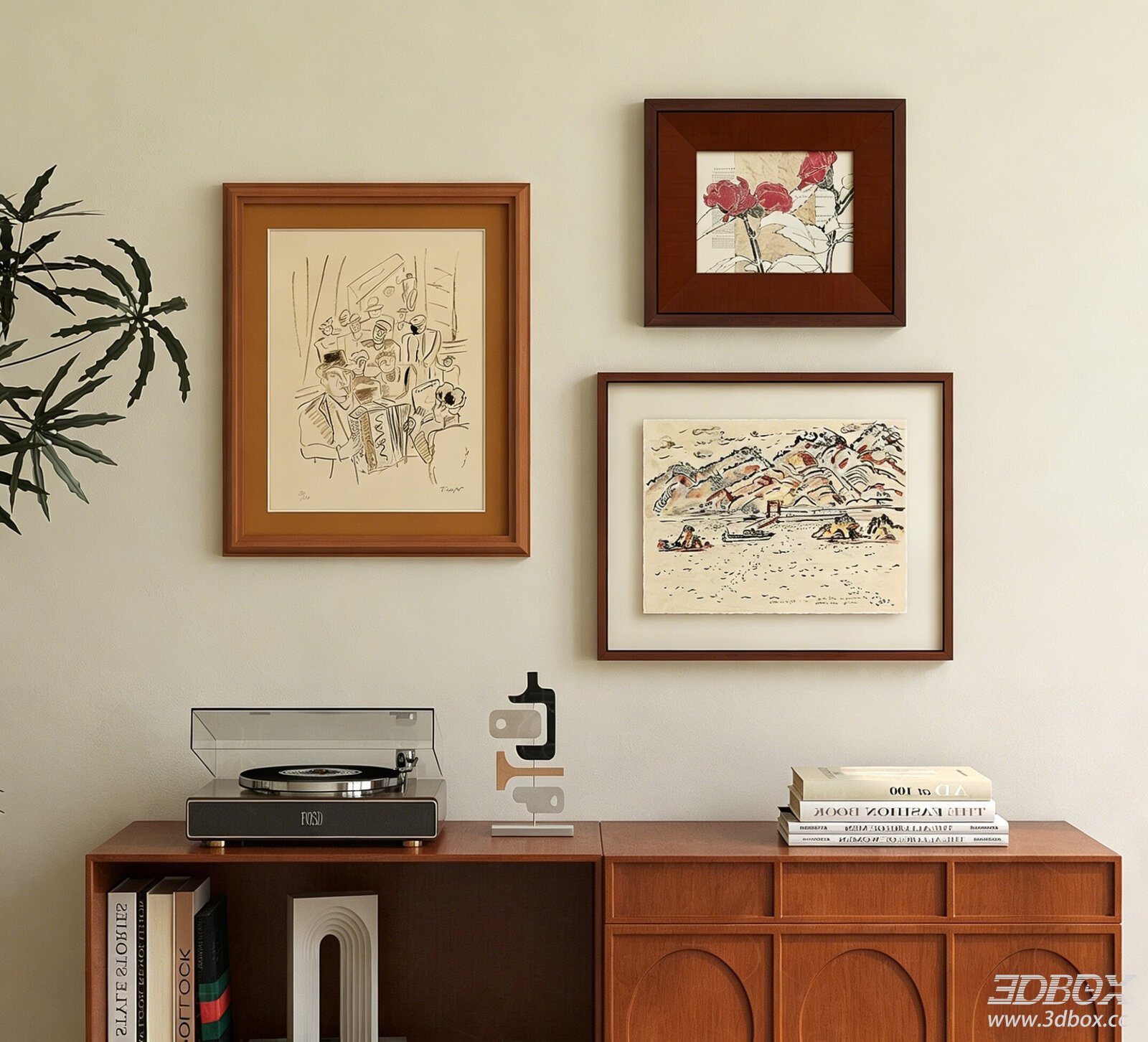 Mid Century Vintage Framed Wall Art Decor Set 3D model - front view