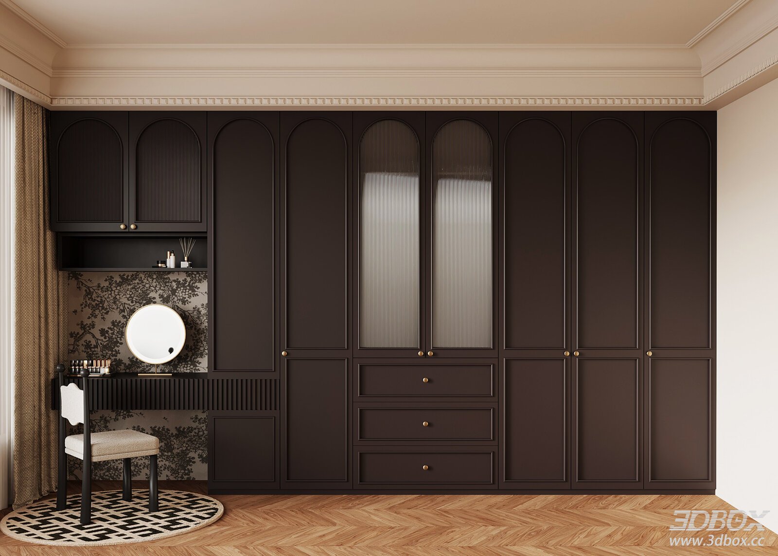 French Vintage Dressing Room with Wardrobe and Vanity Desk 3D model - front view