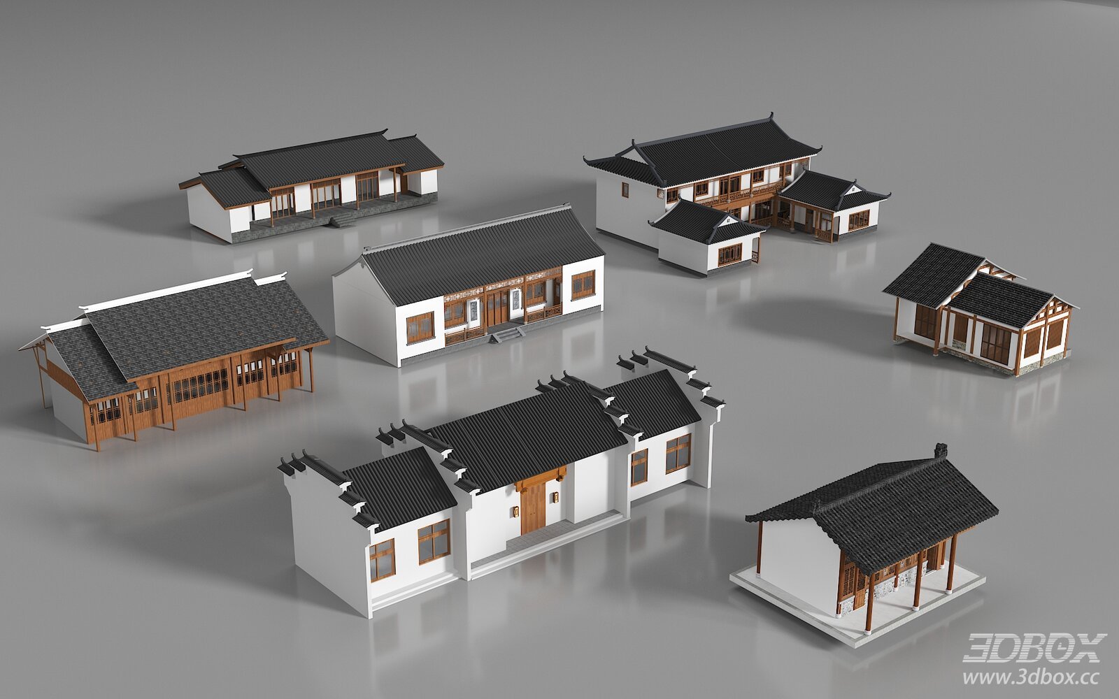 New Chinese Style Rural Homestay Farmhouse Building Set 3D model - front view