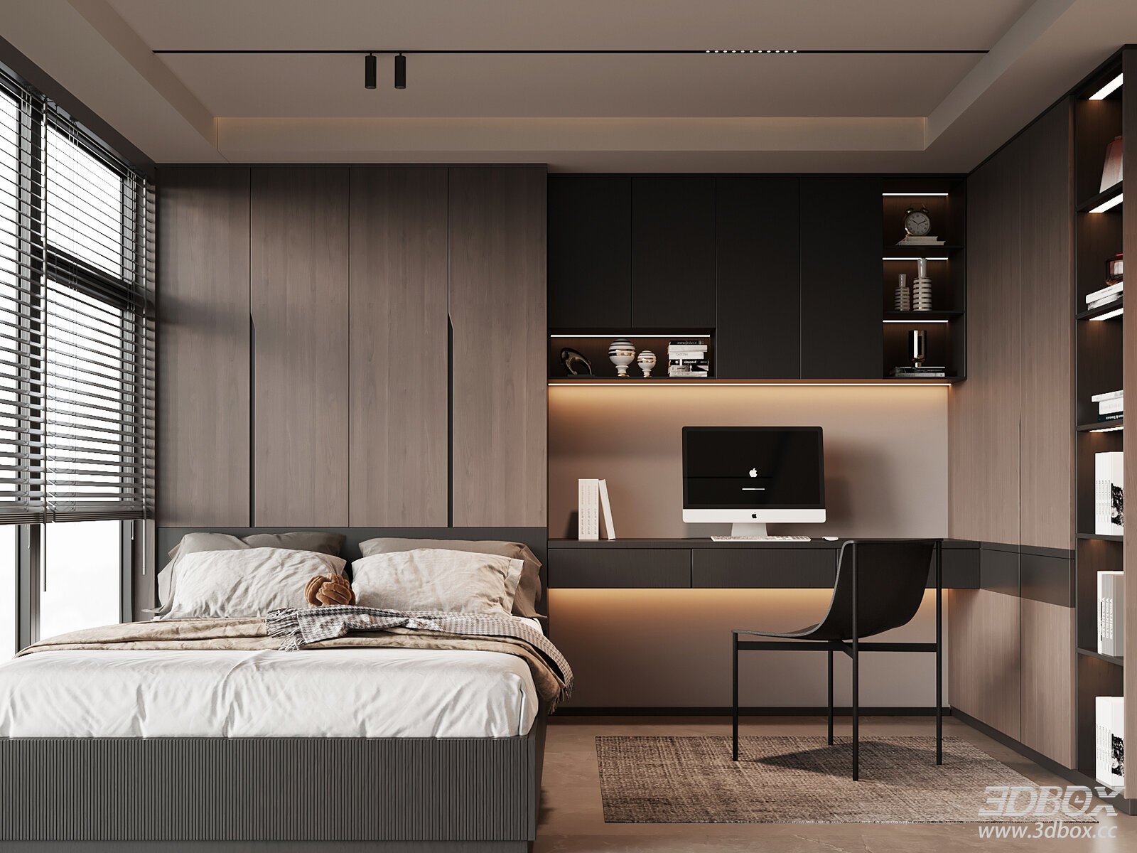 Modern Italian Style Tatami Bedroom with Study Nook 3D model - front view
