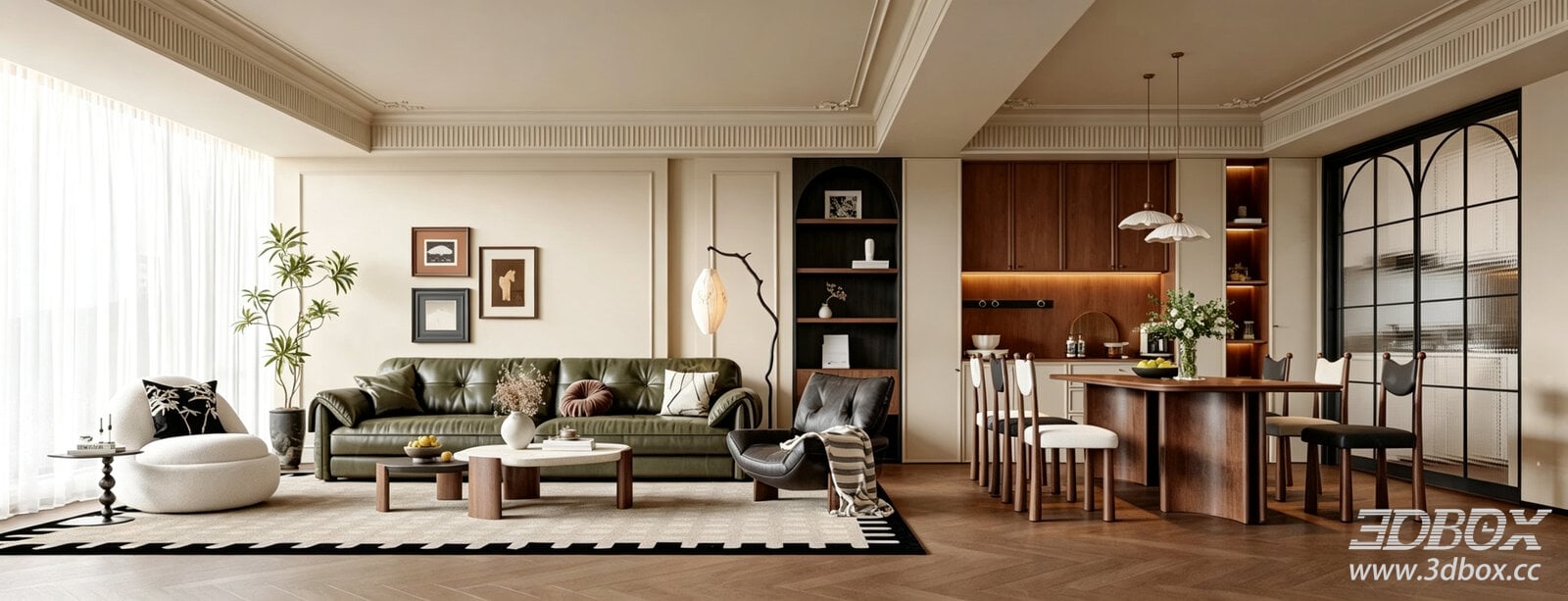 Mid-century Modern Living and Dining Room Interior 3D model - front view