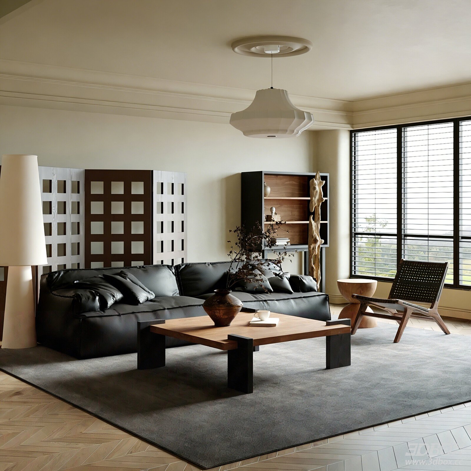 French Vintage Style Living Room with Leather Sofa and Coffee Table 3D model - front view