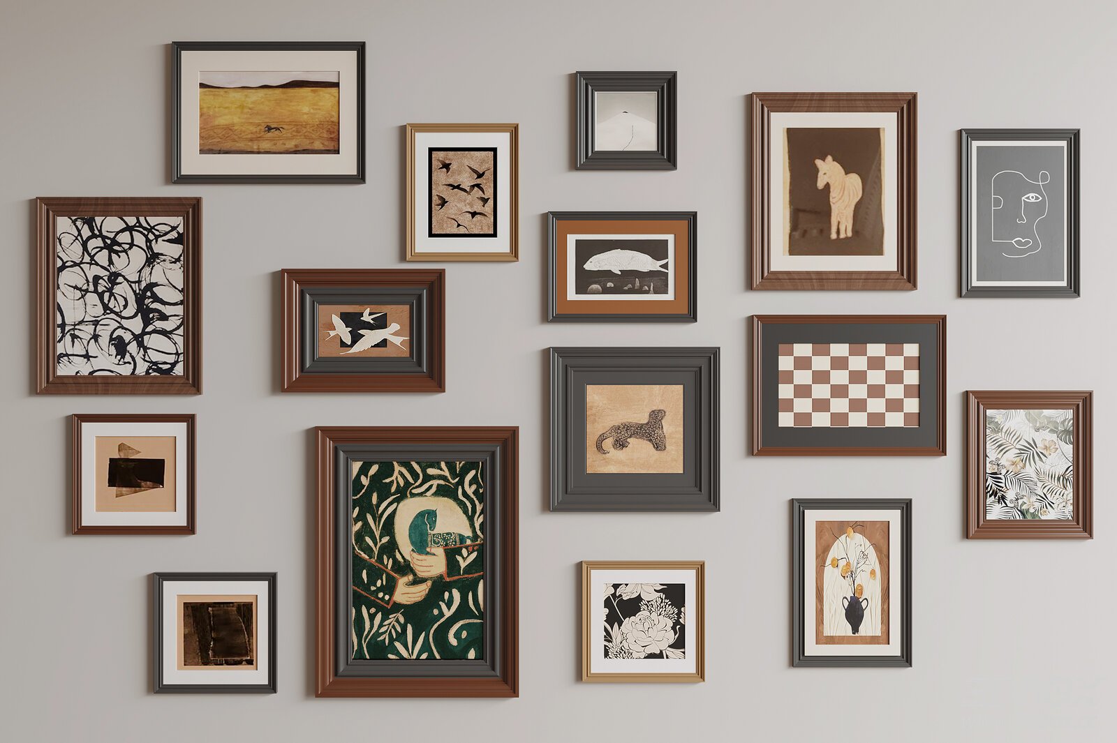 French Mid-Century Vintage Framed Wall Art Set 3D model - front view