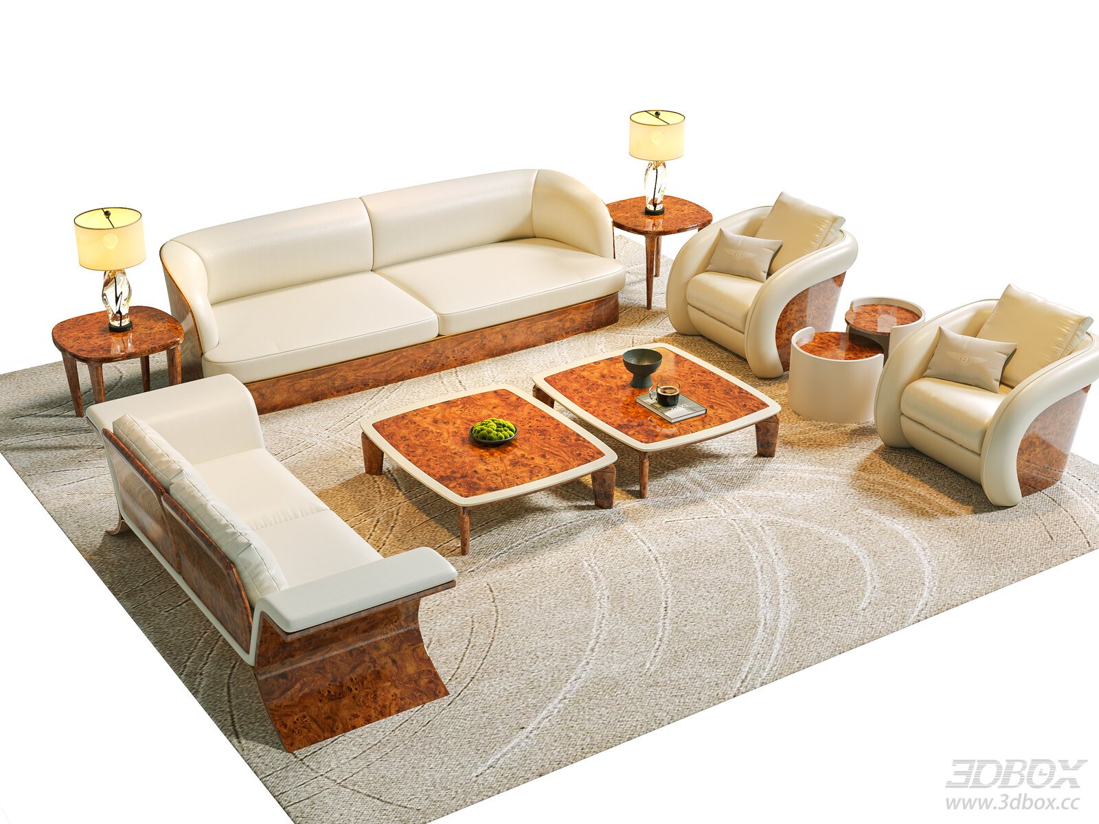 Luxury Italian Leather Sofa Set with Burl Wood Tables 3D model - front view