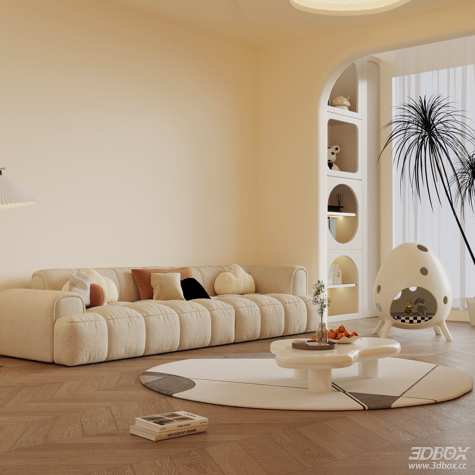 Modern Cream Style Living Room With Fabric Sofa And Coffee Table 3D model - front view