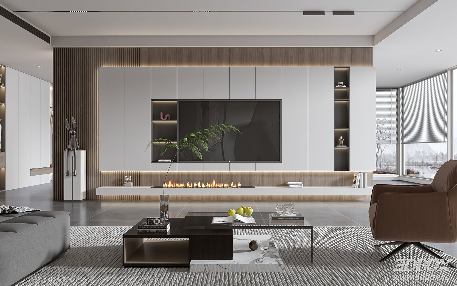 Modern minimalist living room with TV wall and coffee table 3D model - front view