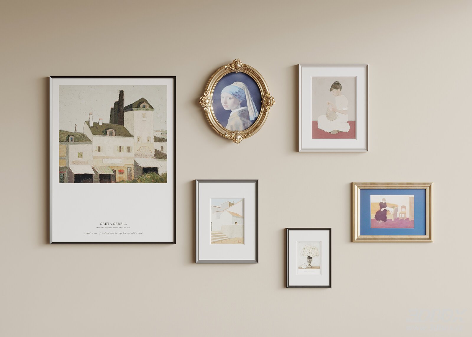 French Retro Framed Wall Art Gallery Set 3D model - front view