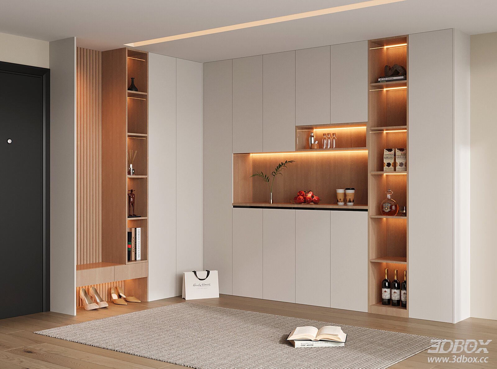 Modern Integrated Shoe and Wine Cabinet with LED Lighting 3D model - front view