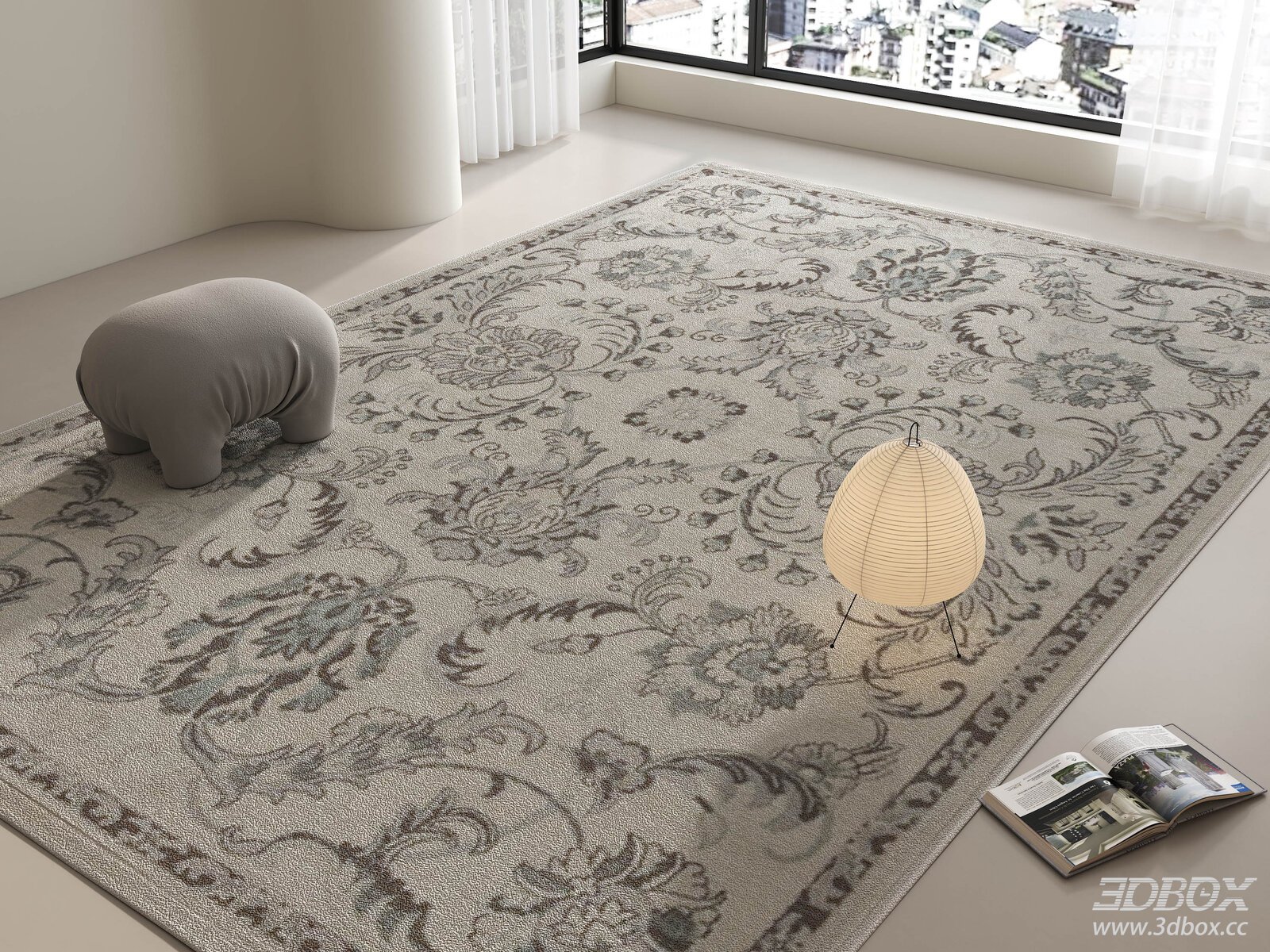 Vintage Floral French Style Living Room Square Carpet 3D model - front view