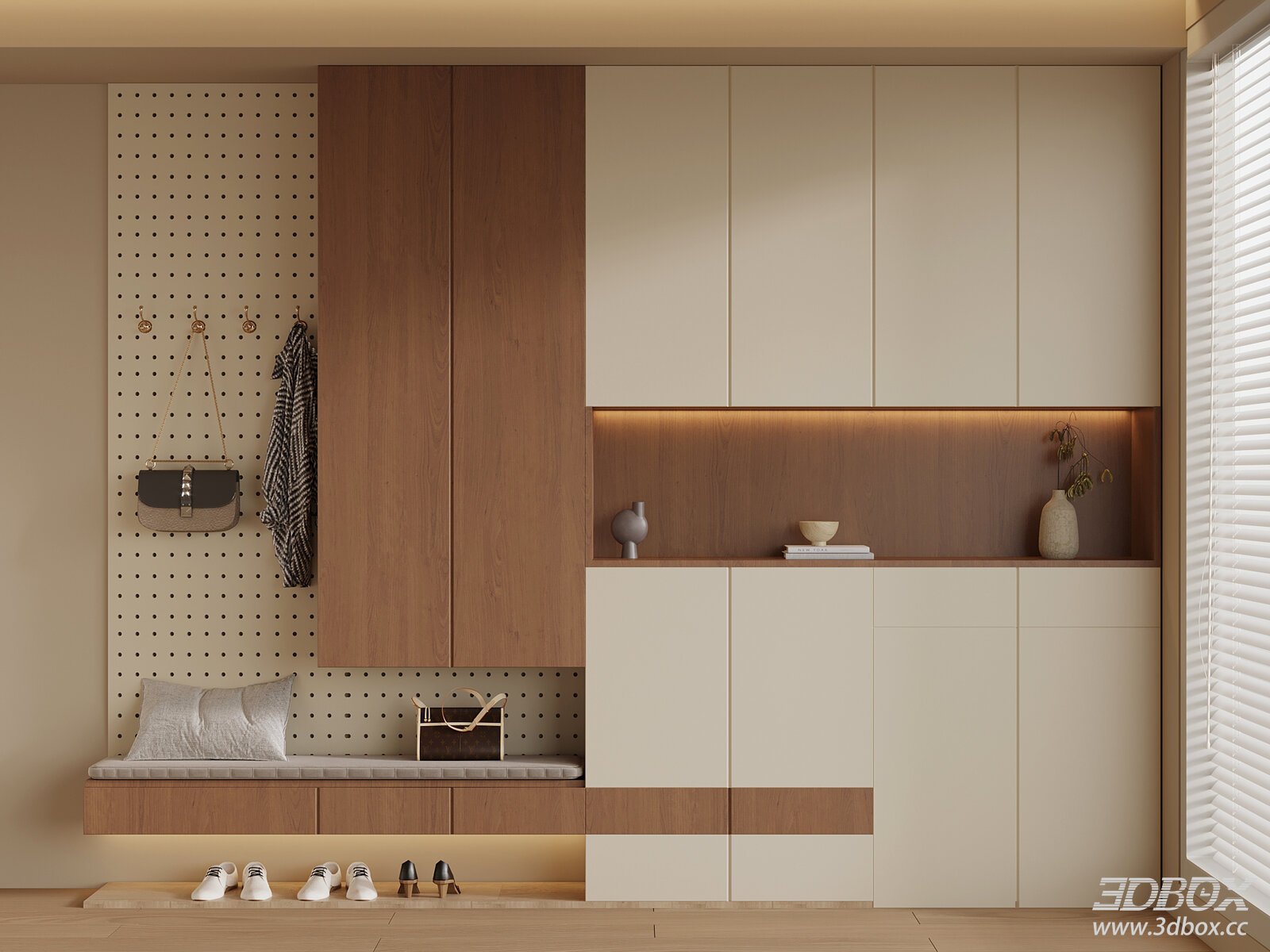 Mid Century Modern Hallway Entry Cabinet with Storage Bench 3D model - front view