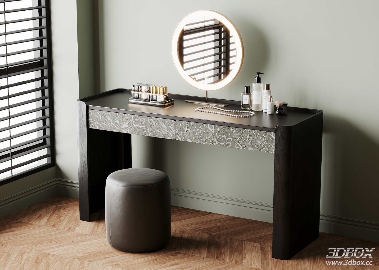Modern Dressing Table with Stool and Cosmetic Decor Set 3D model - front view