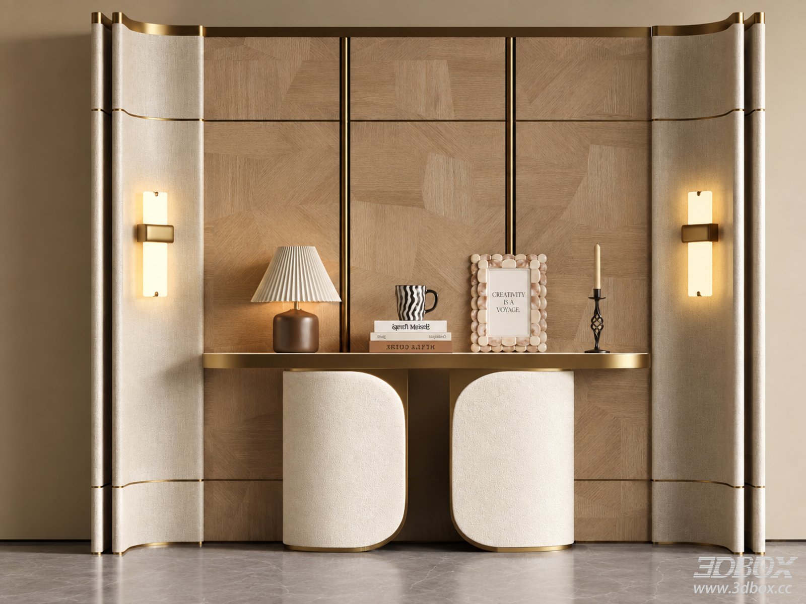 Modern Luxury Hallway Console Table with Decorative Wall Panel 3D model - front view