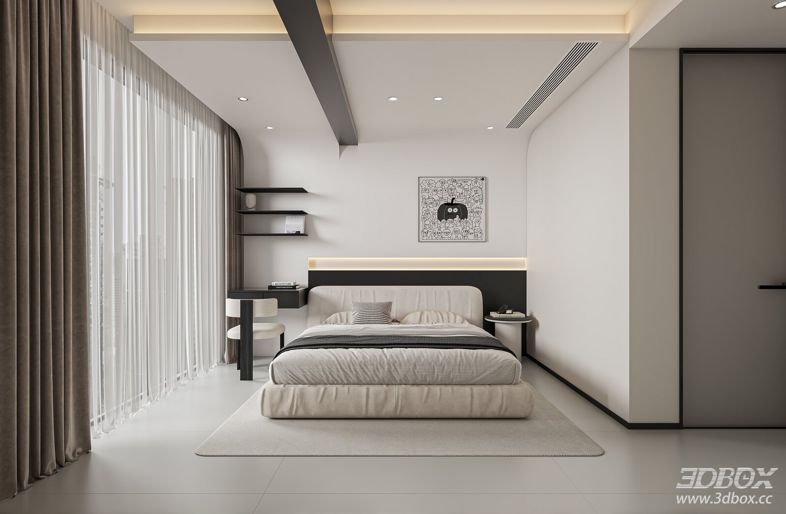 Modern Minimalist Bedroom Interior Scene 3D model - front view