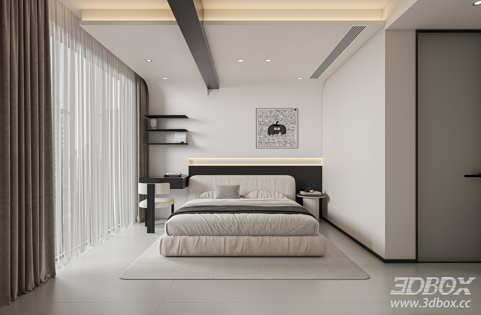 Modern Minimalist Bedroom Interior Scene 3D model - thumbnail 1