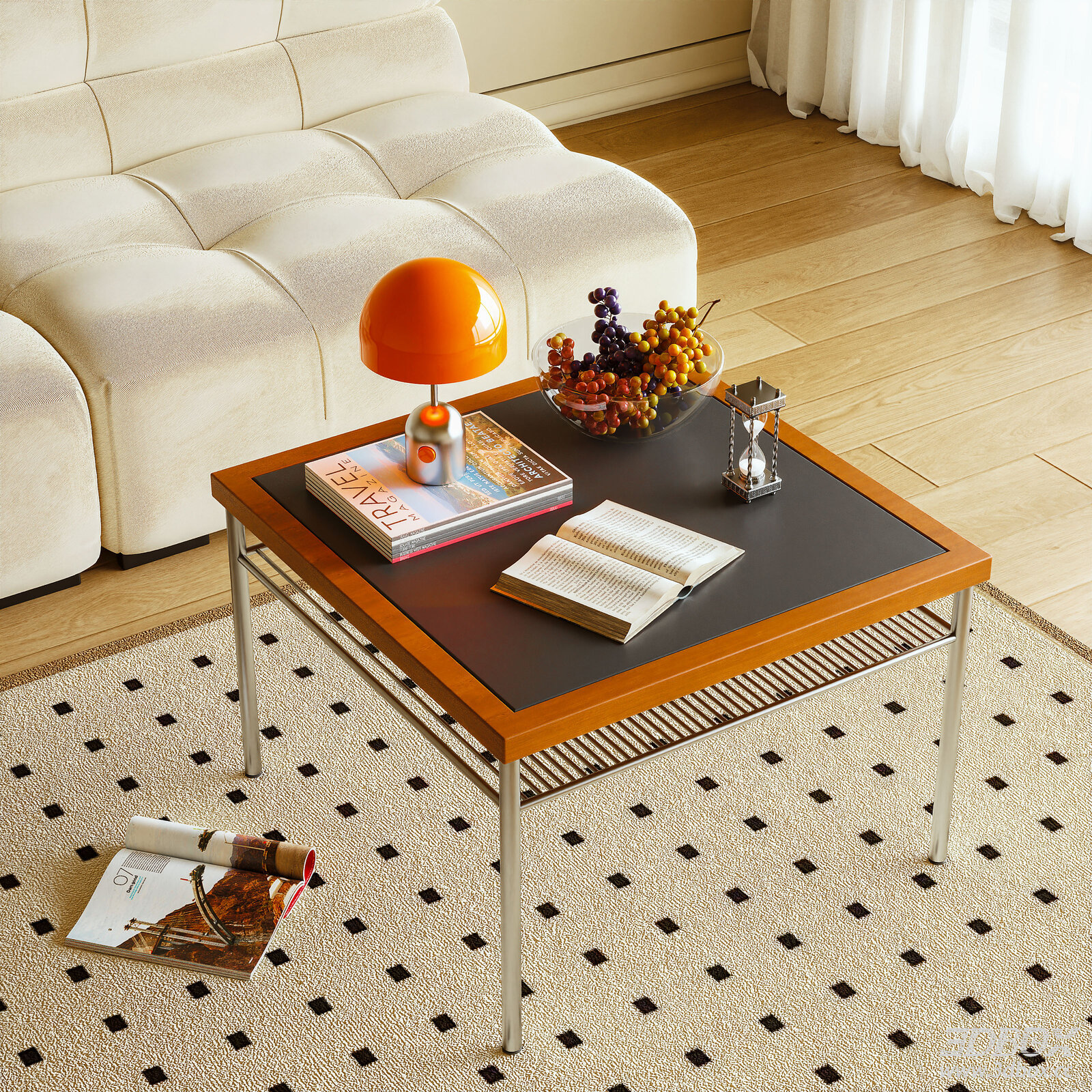 Mid-century modern coffee table with decorative accessories set 3D model - front view