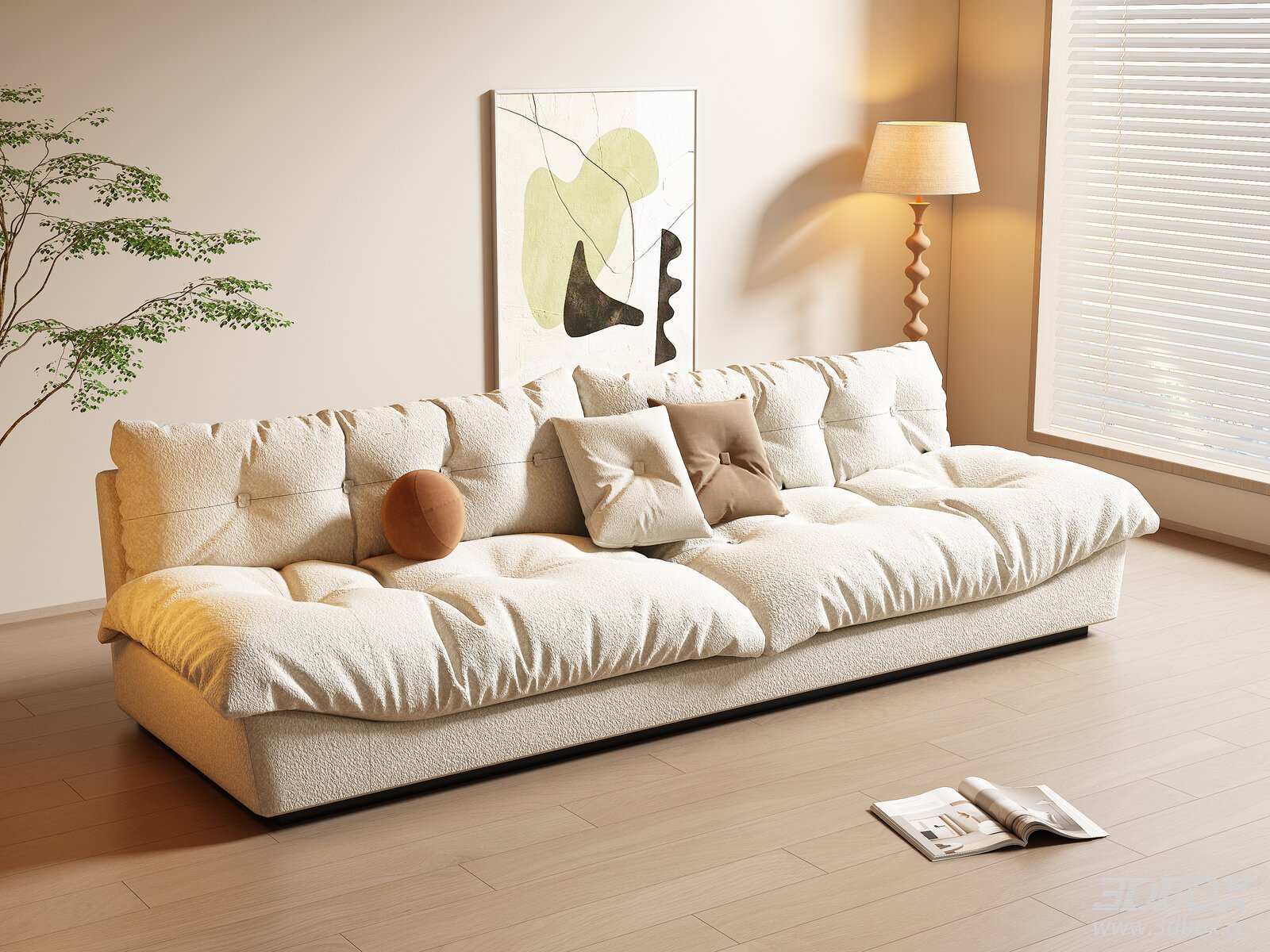 Modern Cream Style 3-Seater Boucle Fabric Sofa 3D model - front view