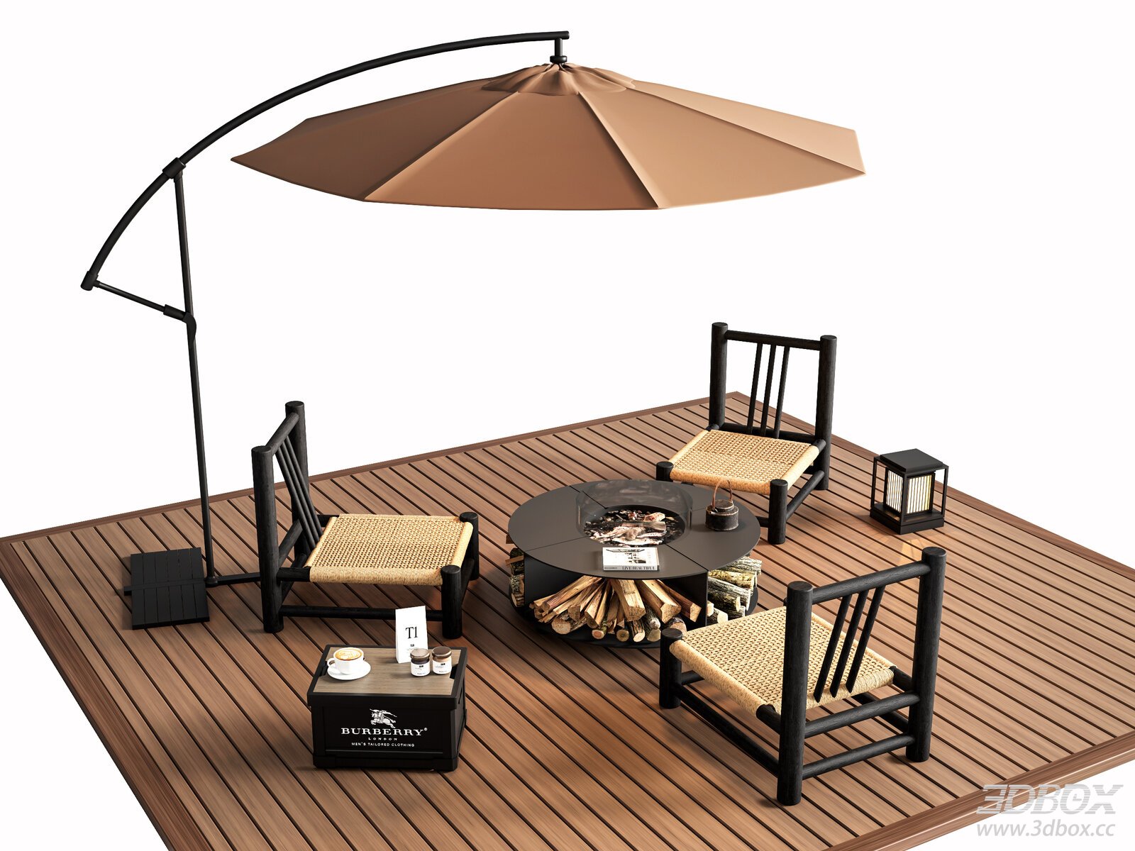 Modern Outdoor Patio Fire Pit Seating Set with Parasol 3D model - front view