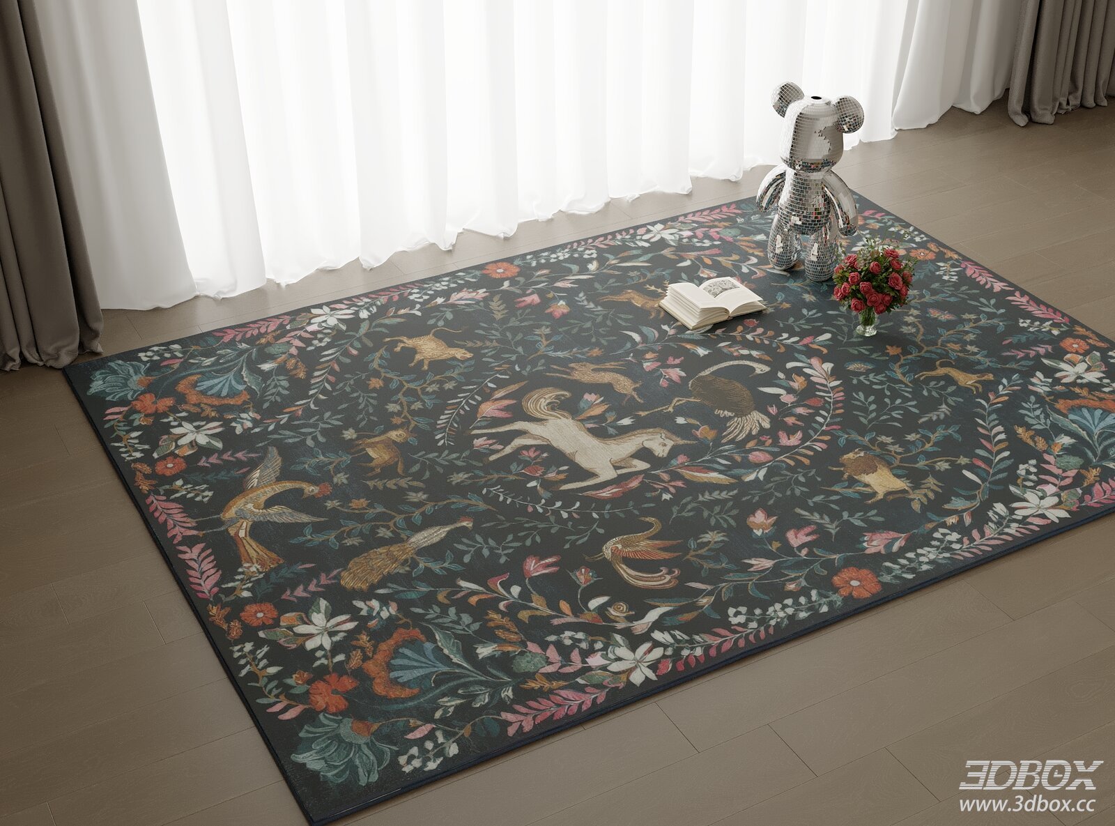 Vintage Decorative Carpet with Floral and Animal Motifs 3D model - front view