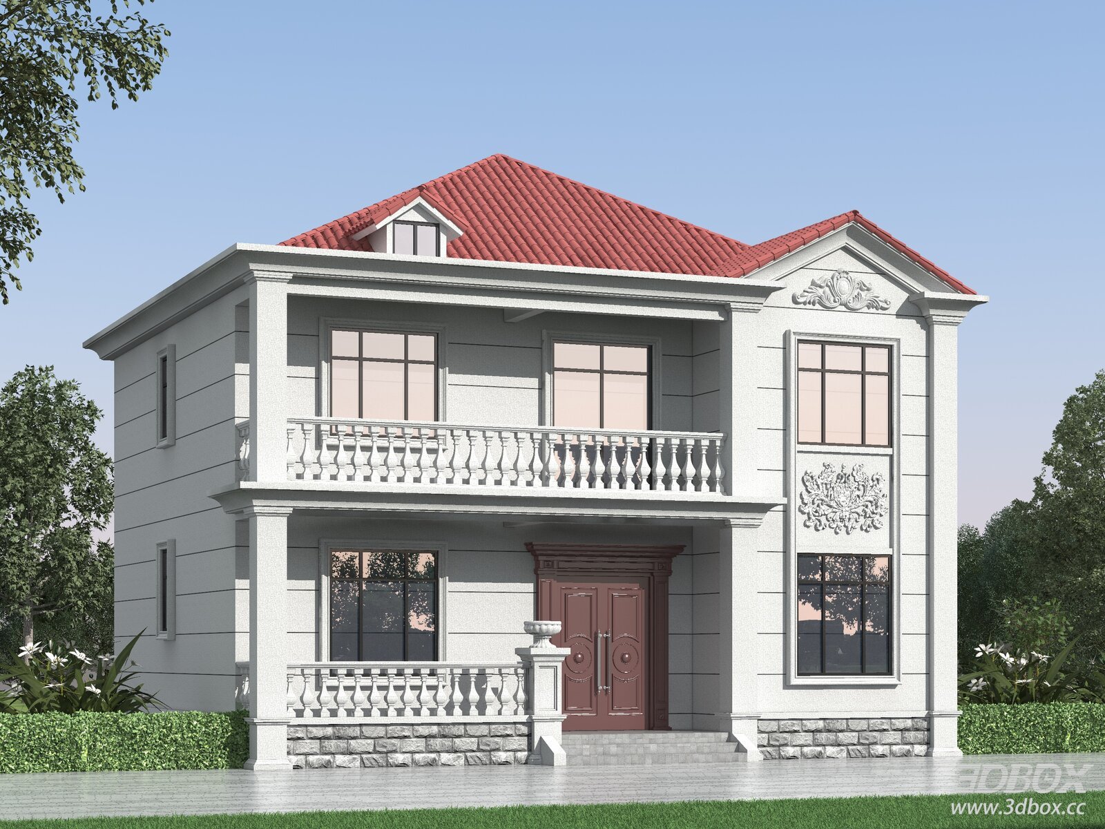 European Style Two Story Villa Exterior Building 3D model - front view