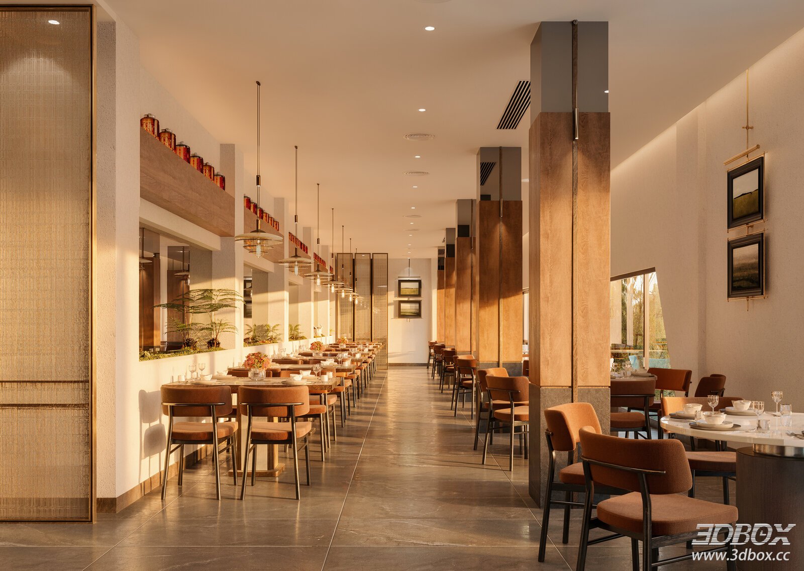 Modern Hotel Restaurant Dining Area Interior Scene 3D model - front view