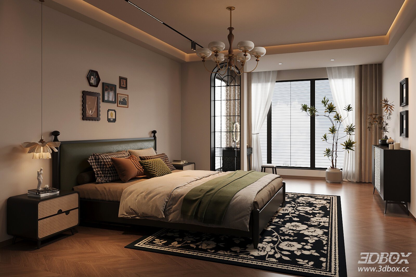 French Retro Style Bedroom Interior Scene 3D model - front view