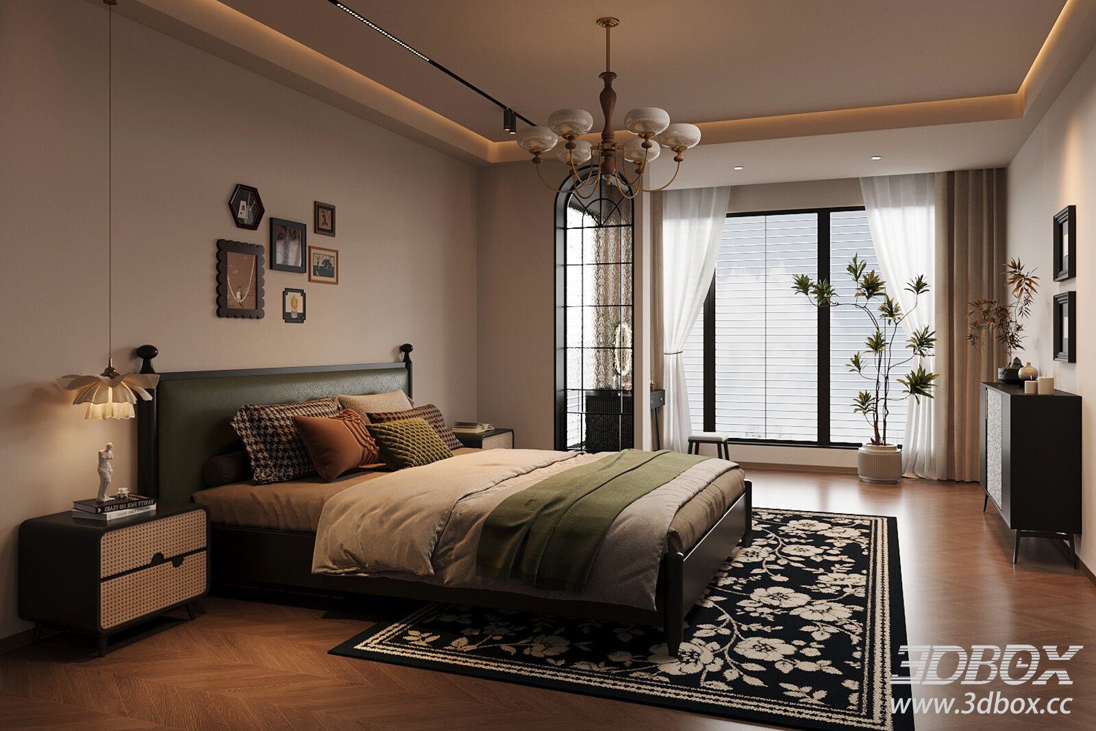 French Retro Style Bedroom Interior Scene 3D model - thumbnail 1
