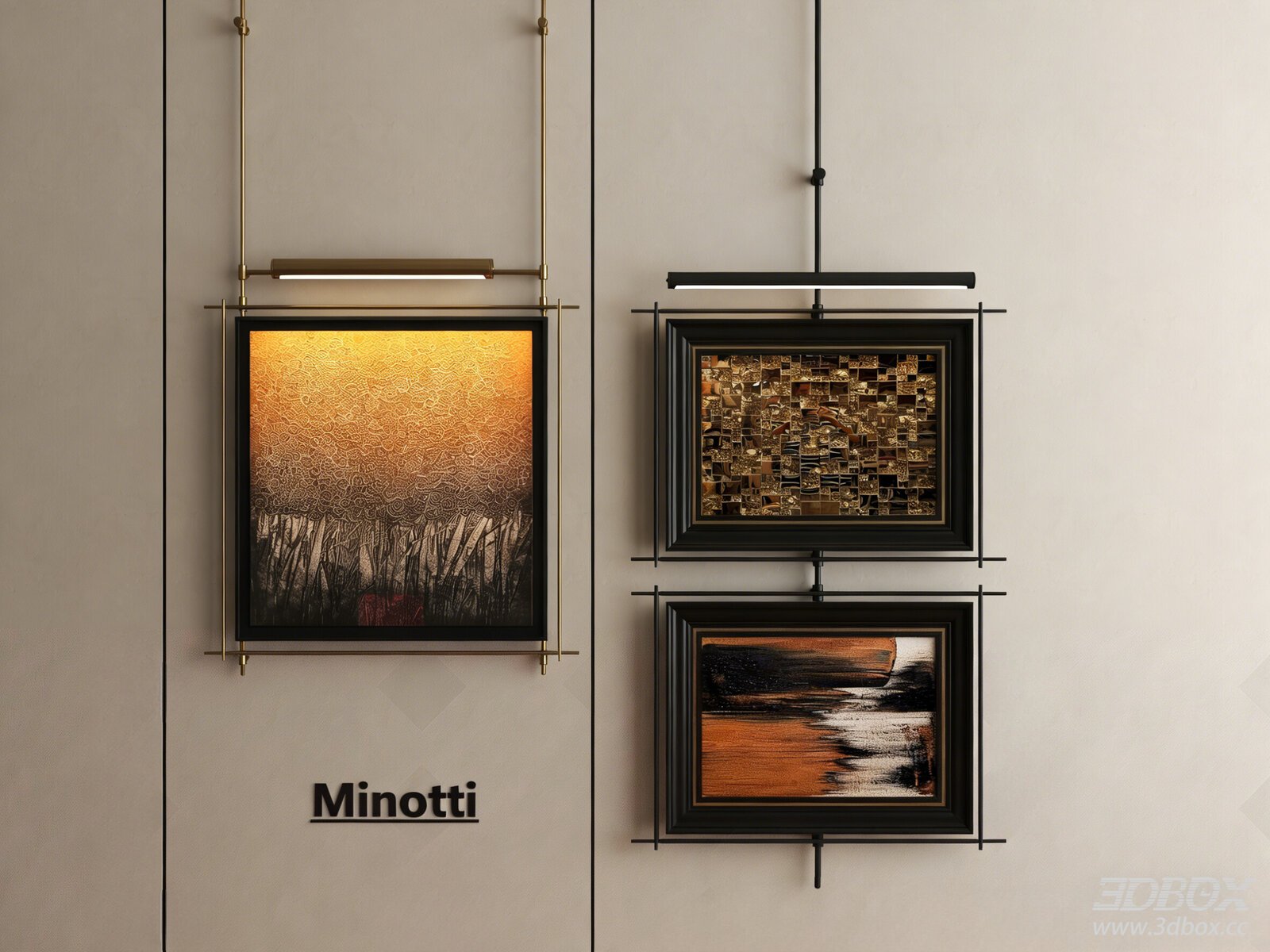 Modern Framed Abstract Wall Art Set with Wall Lamp 3D model - front view