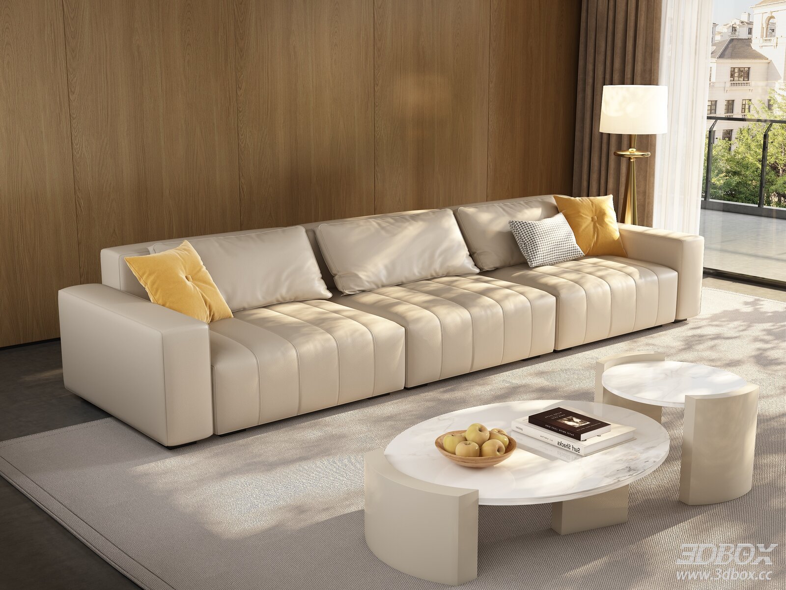 Modern Leather Sofa Set with Marble Coffee Tables 3D model - front view