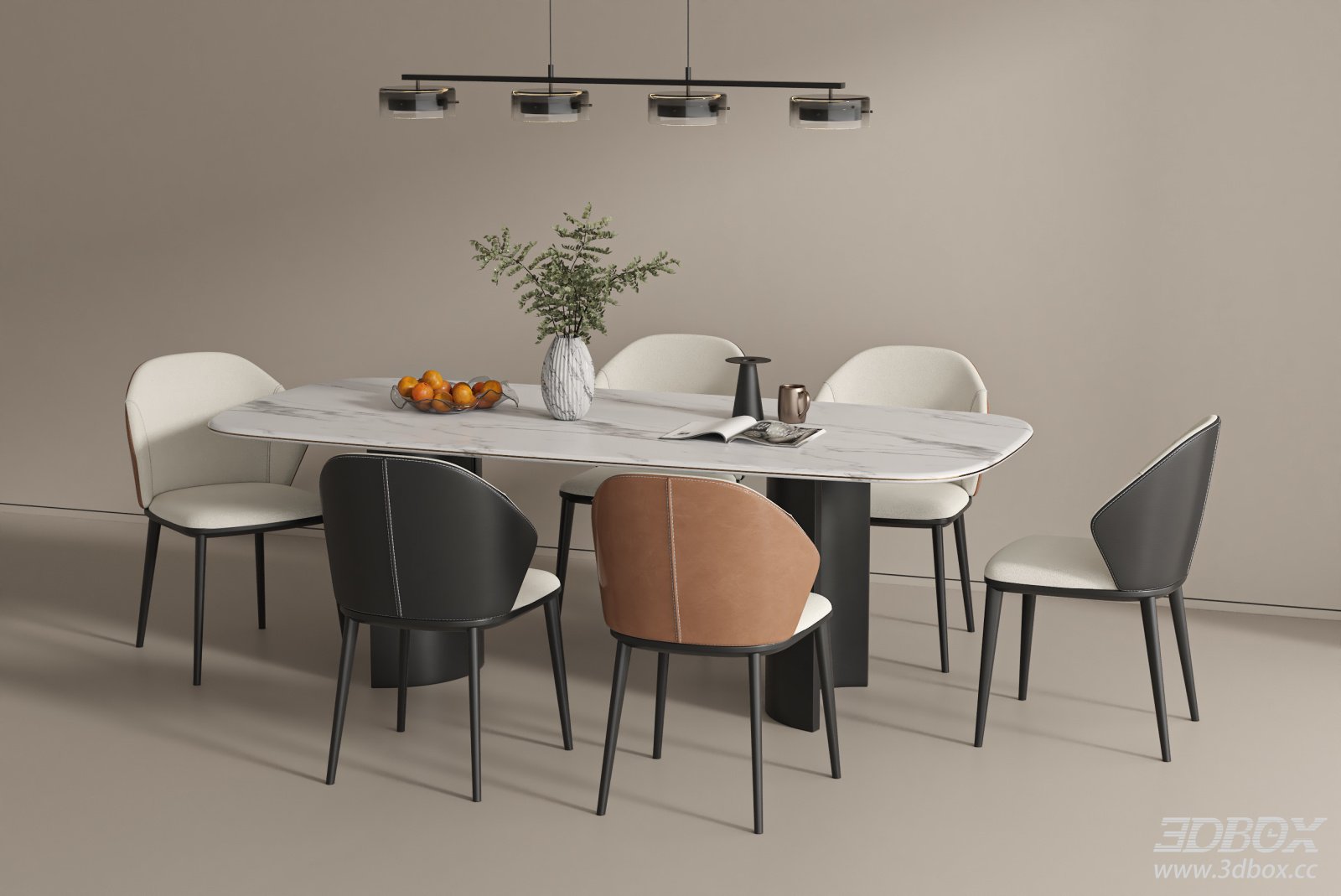 Modern Marble Dining Table and Upholstered Chairs Set 3D model - front view