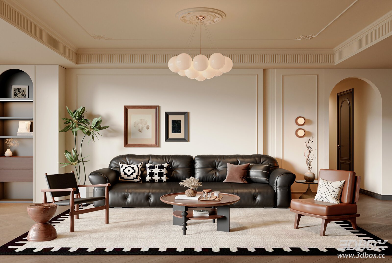 French Vintage Mid-century Living Room Sofa Armchair Coffee Table Set 3D model - front view