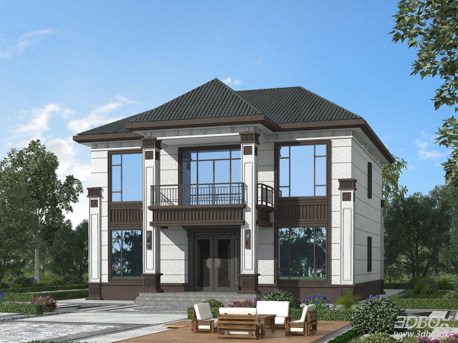 New Chinese Style Two Story Villa Exterior 3D model - front view