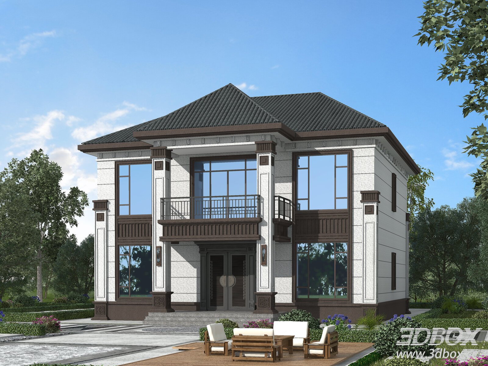 New Chinese Style Two Story Villa Exterior 3D model - thumbnail 1