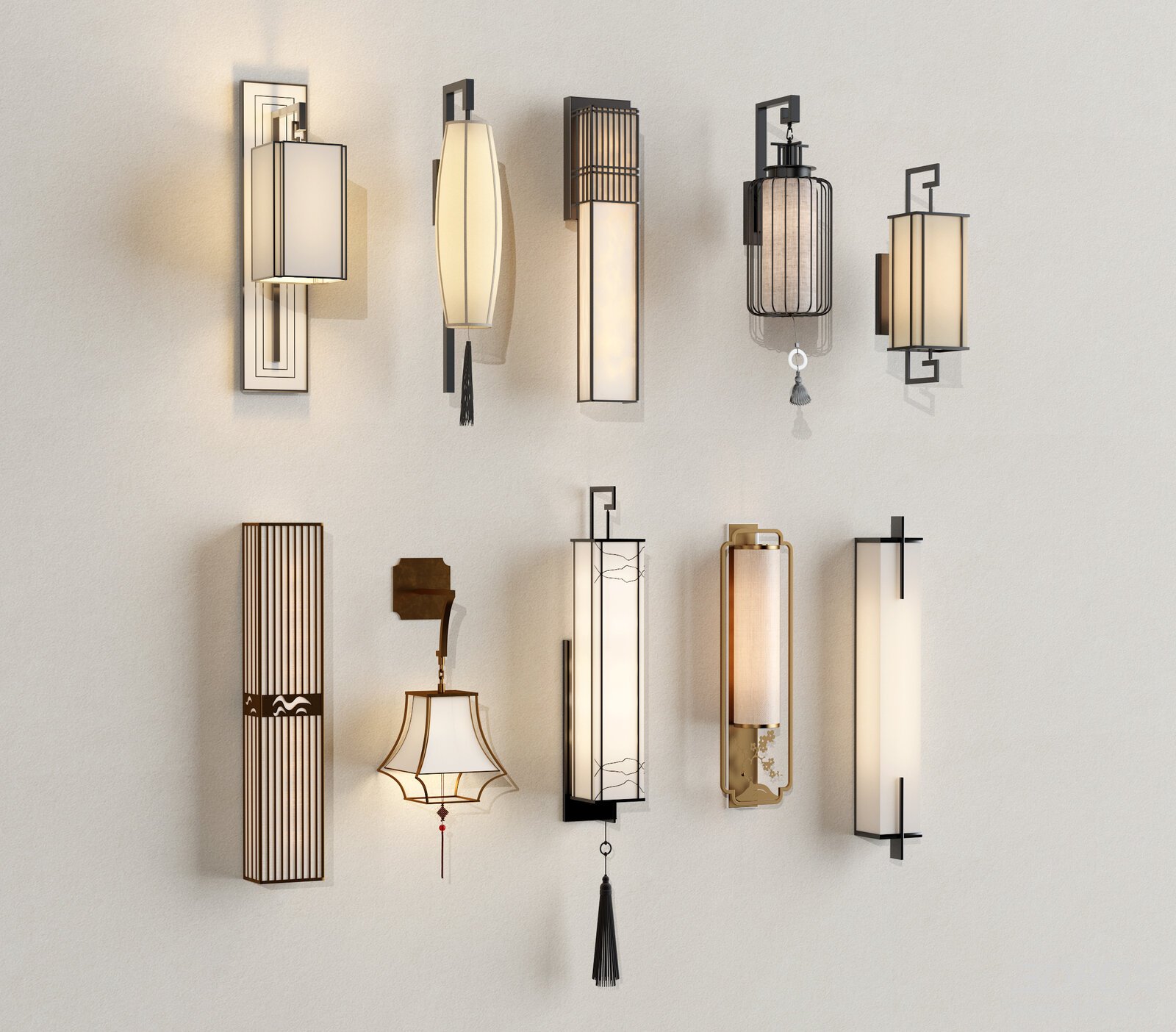 New Chinese Style Wall Lamp Set with Fabric Shade 3D model - front view