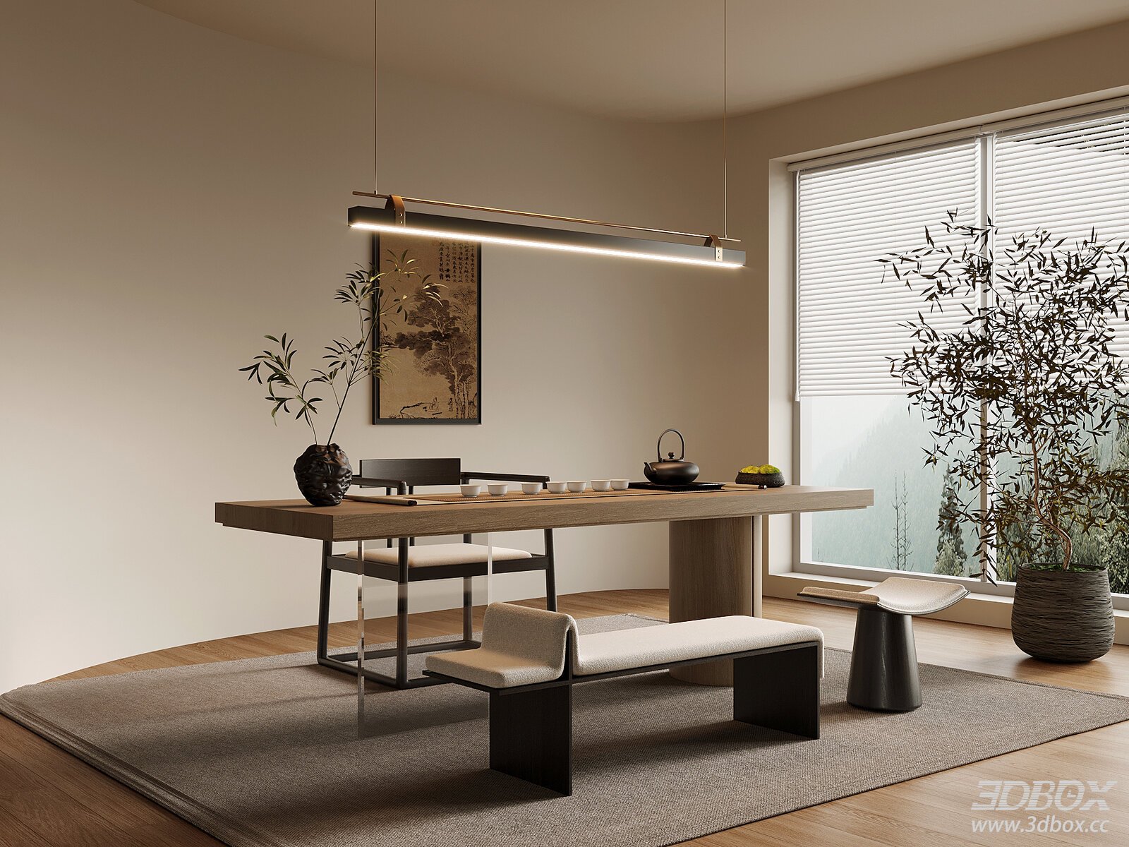 New Chinese Style Tea Room with Wooden Tea Table and Seating Set 3D model - front view