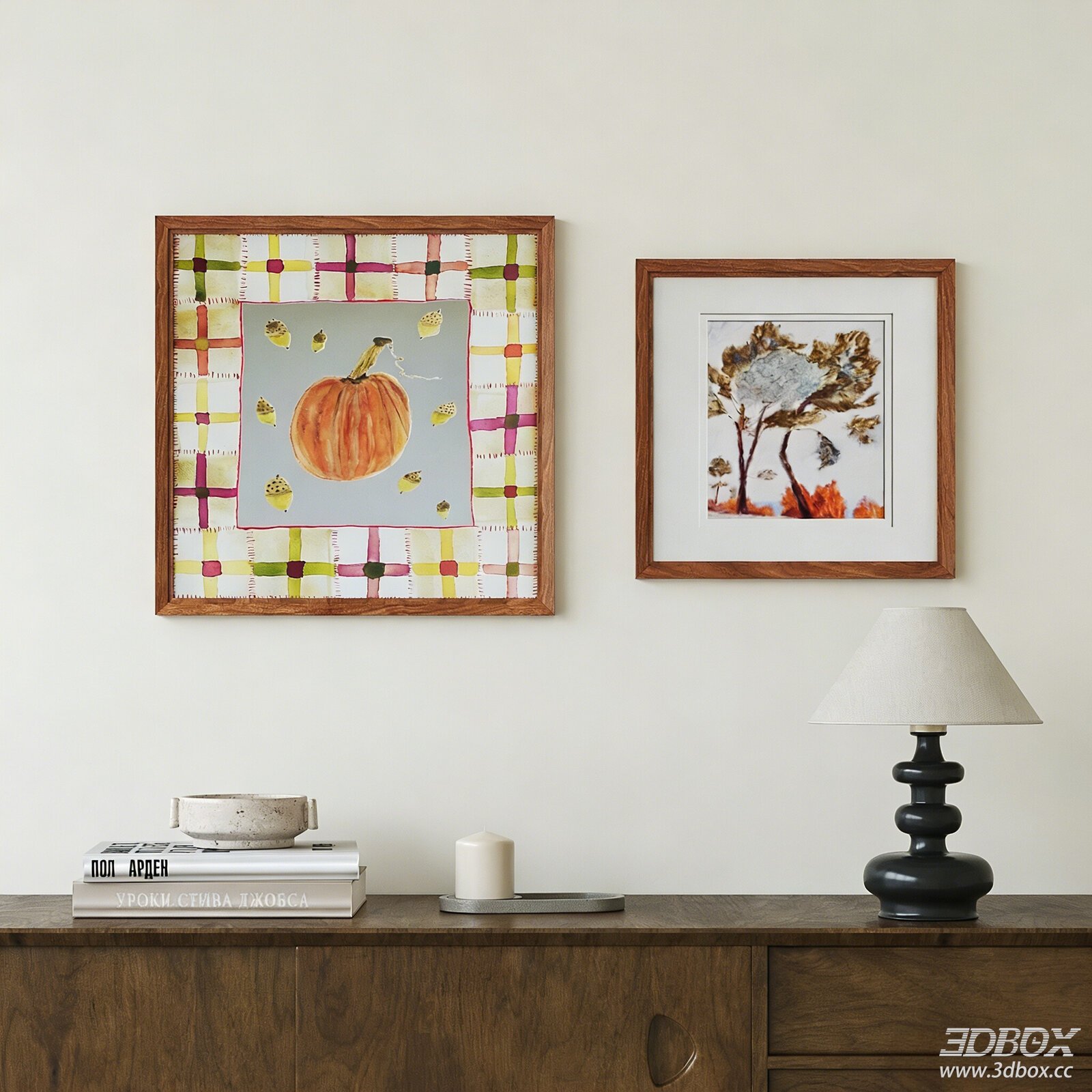 Vintage Mid Century Framed Wall Art Set 3D model - front view