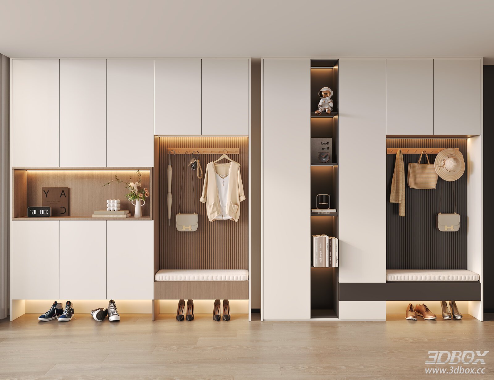 Modern Hallway Shoe Cabinet with Shoe Bench and Decor 3D model - front view