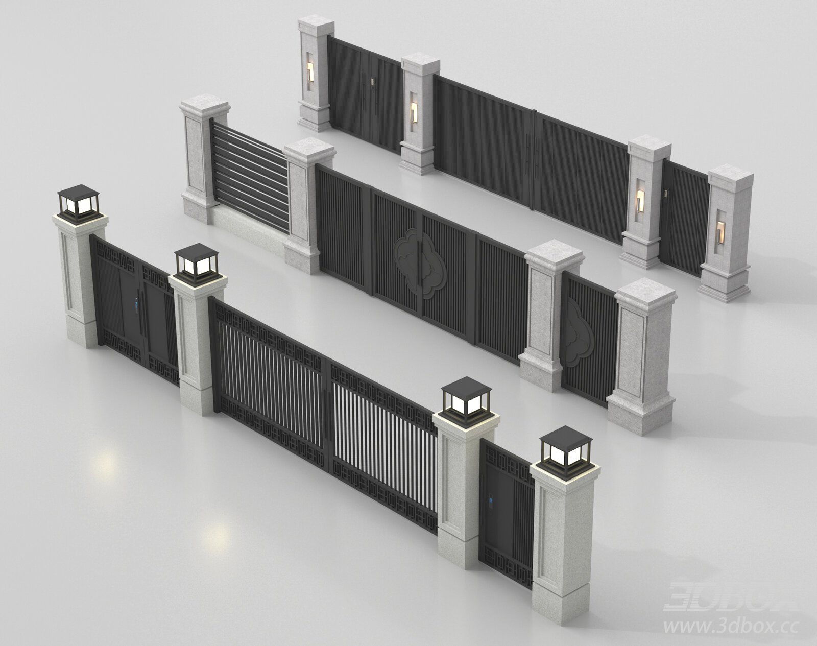 New Chinese Style Villa Gate and Fence Set 3D model - thumbnail 1