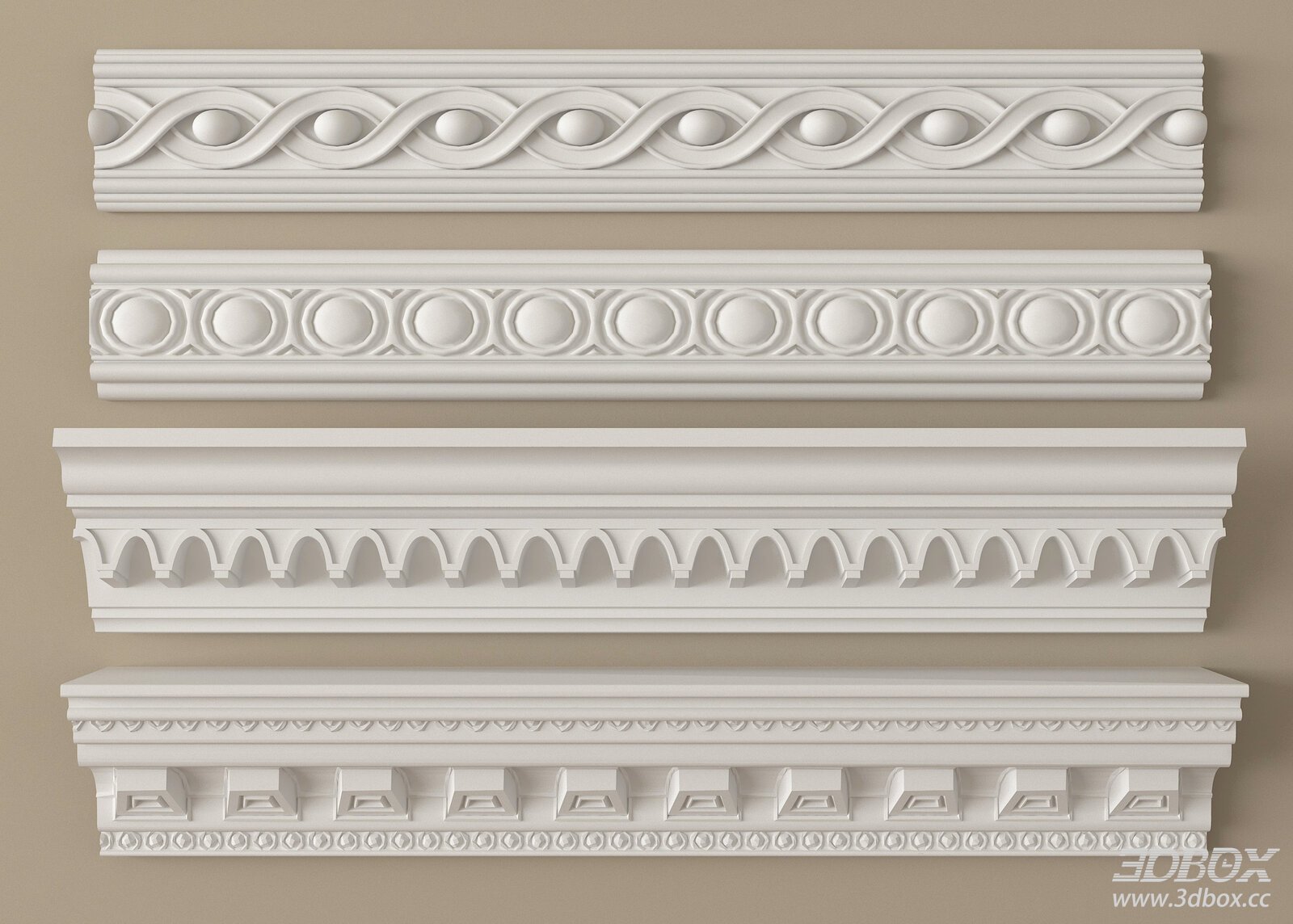 French Style Ornate Decorative Plaster Molding Set 3D model - front view