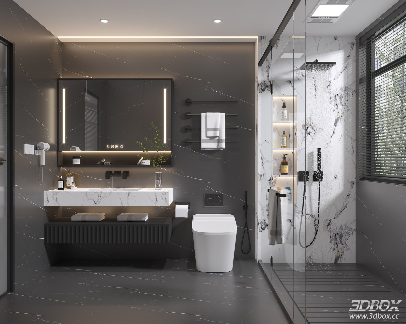 Modern Minimalist Marble Bathroom Scene 3D model - front view
