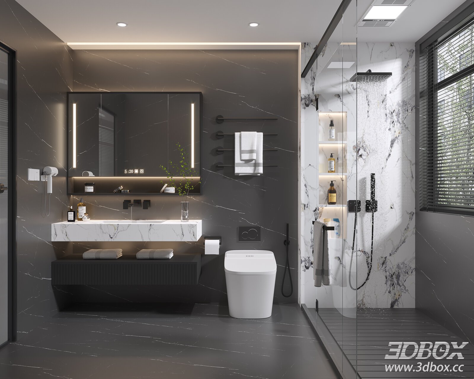 Modern Minimalist Marble Bathroom Scene 3D model - thumbnail 1