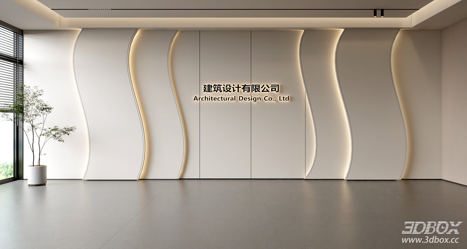 Modern Minimalist Office Reception Logo Wall Scene 3D model - front view