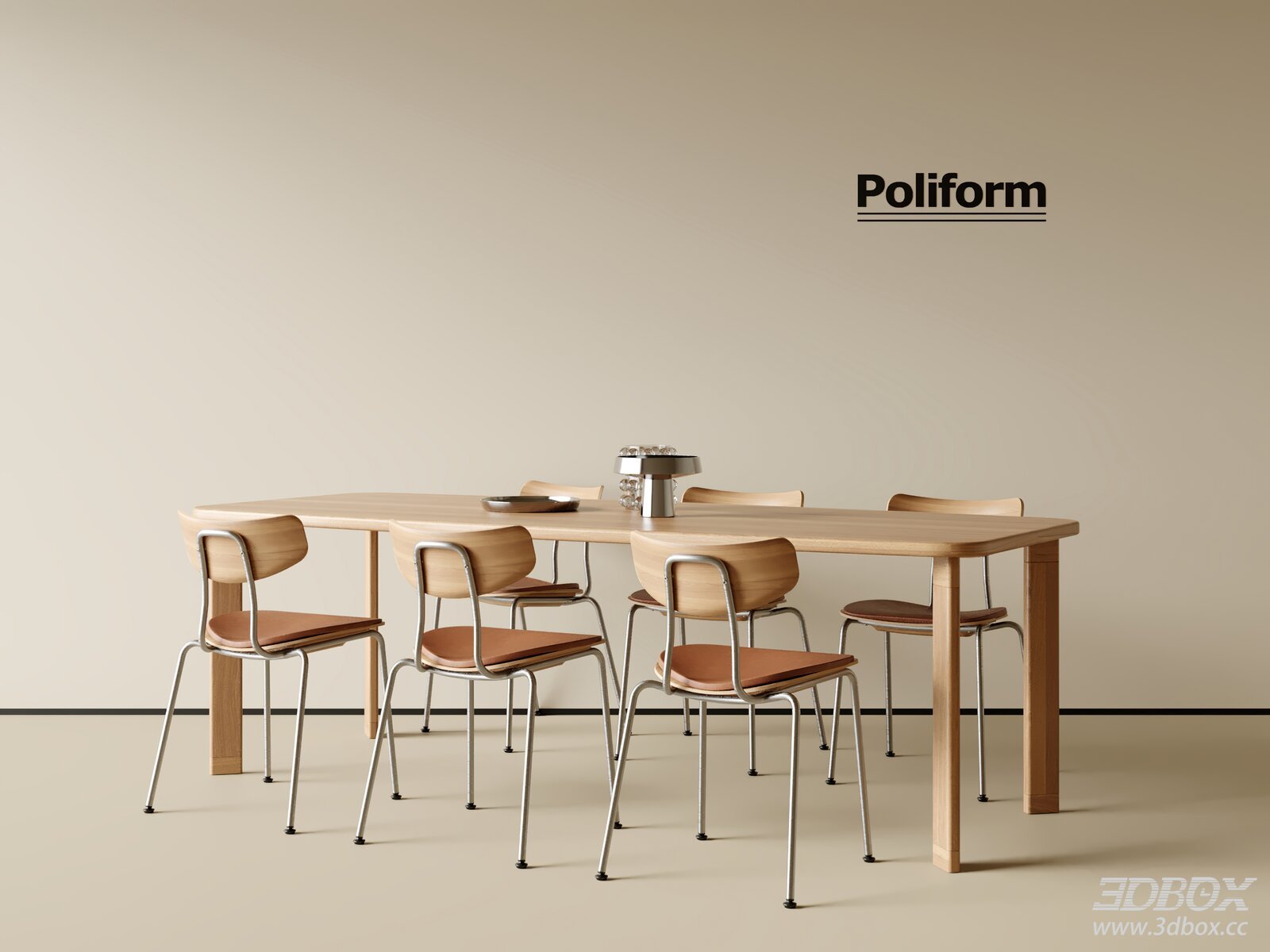 Mid Century Modern Oak Dining Table and Chairs Set 3D model - front view