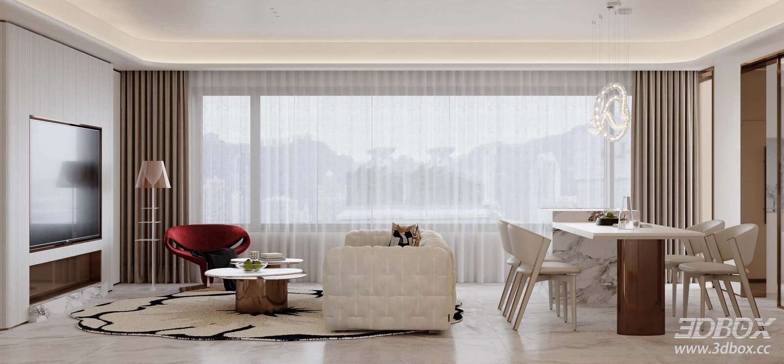 Modern Luxury Living Room with Dining Area Interior 3D model - front view