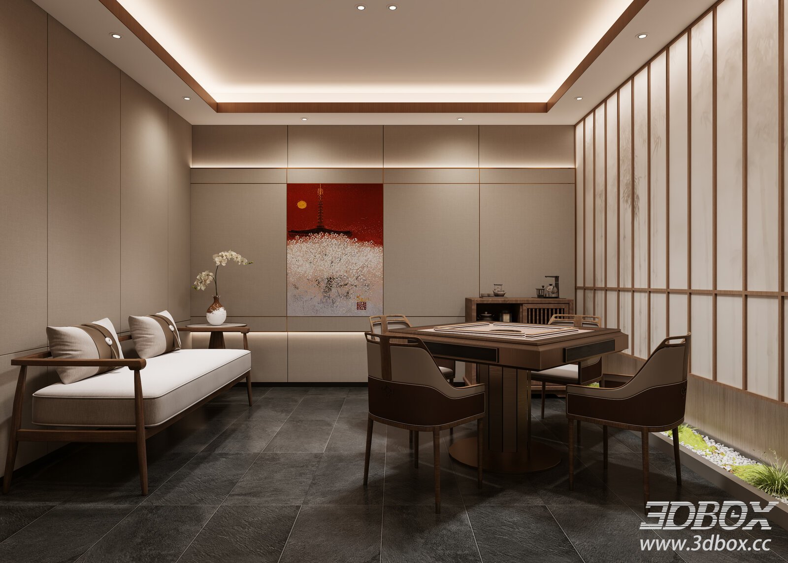 New Chinese Style Mahjong Game Room Interior 3D model - thumbnail 1