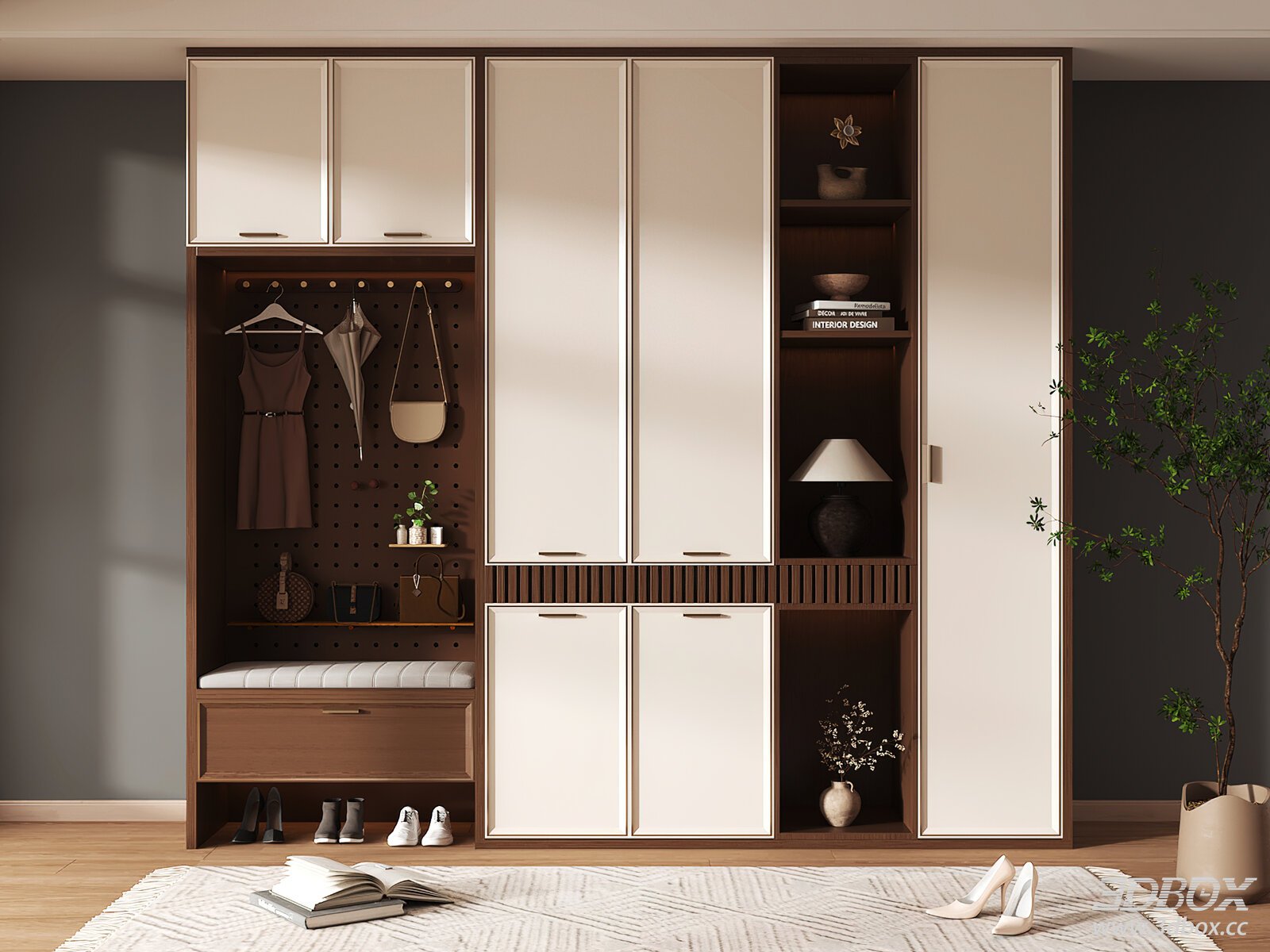 Modern Hallway Shoe Storage Cabinet with Bench 3D model - front view