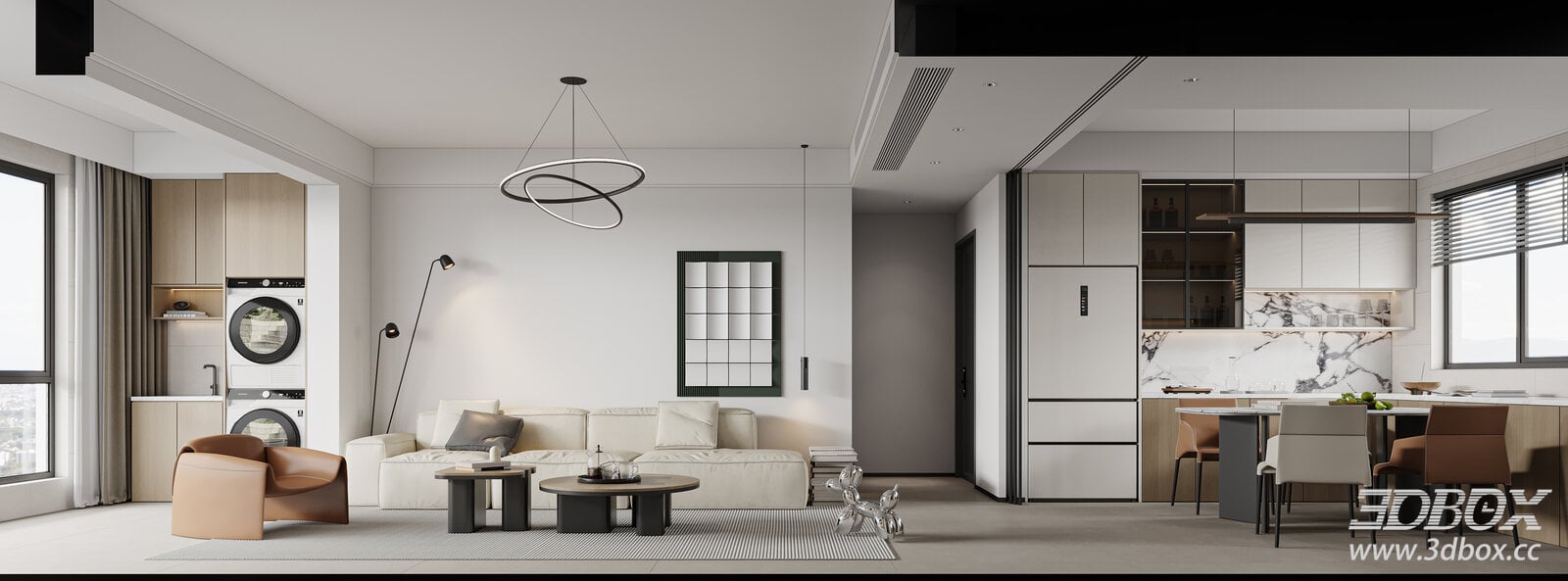 Modern Minimalist Living and Dining Room Interior 3D model - front view