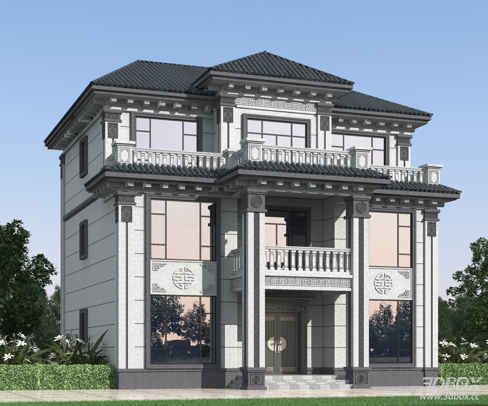 New Chinese Style Luxury Villa Exterior Building 3D model - front view