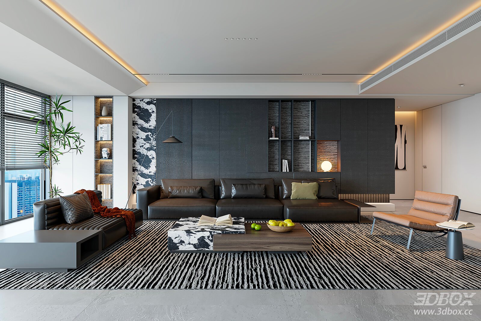 Modern Minimalist Living Room Interior Scene 3D model - front view