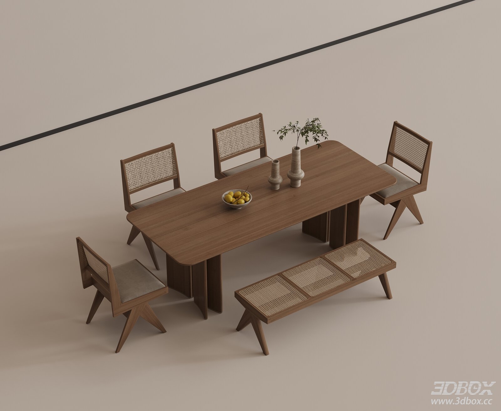 Wabi Sabi Wooden Dining Table and Rattan Chair Set 3D model - front view
