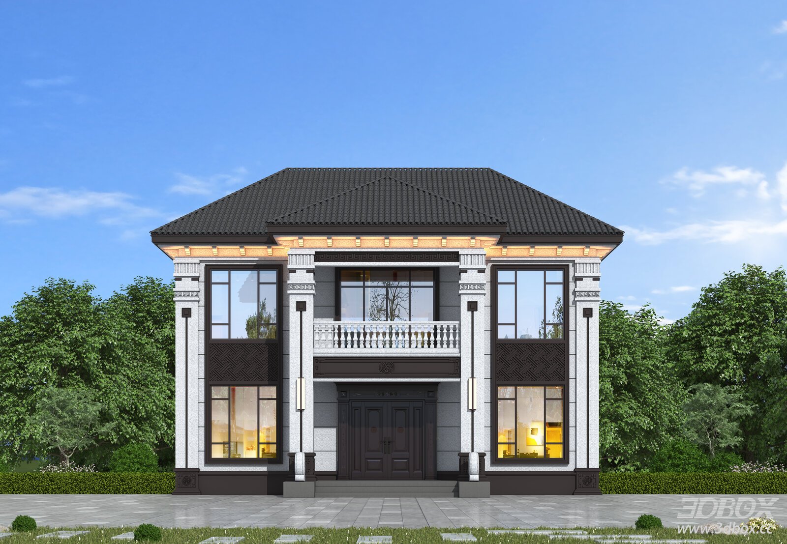 New Chinese Style Two Story Villa Exterior 3D model - front view